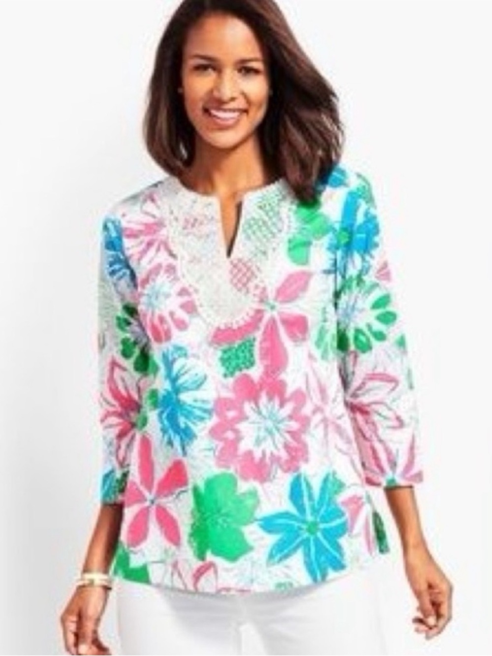 Talbots Anguilla Floral Lace Appliqué 3/4 Sleeve Splitneck Popover Tunic Top